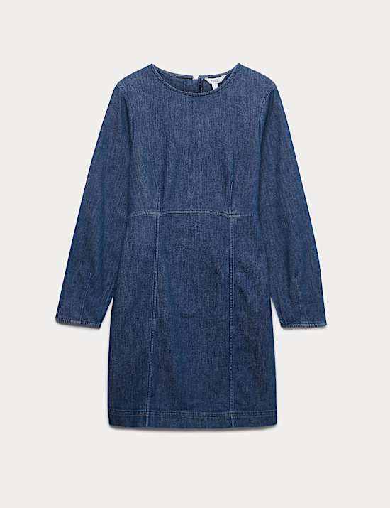 Cotton Rich Denim Round Neck Mini Shift Dress