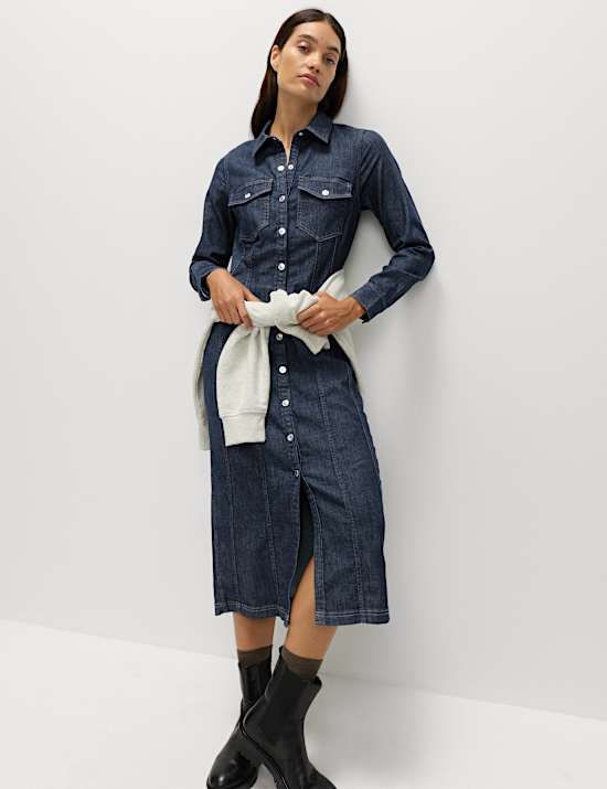 Denim Button Through Midi Shirt Dress