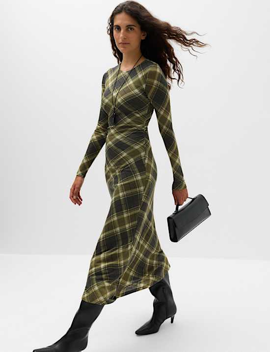 Robe midi coupe droite en Lyocell m&eacute;lang&eacute; &agrave; carreaux