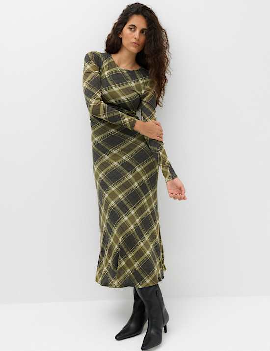 Robe midi coupe droite en Lyocell m&eacute;lang&eacute; &agrave; carreaux