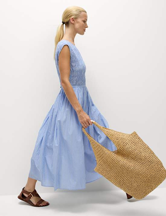 Pure Cotton Striped Midi Waisted Dress