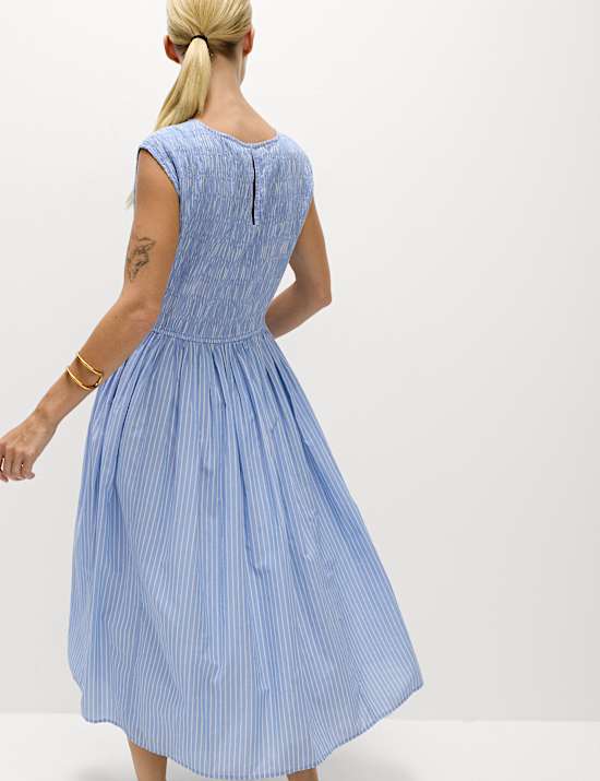 Pure Cotton Striped Midi Waisted Dress