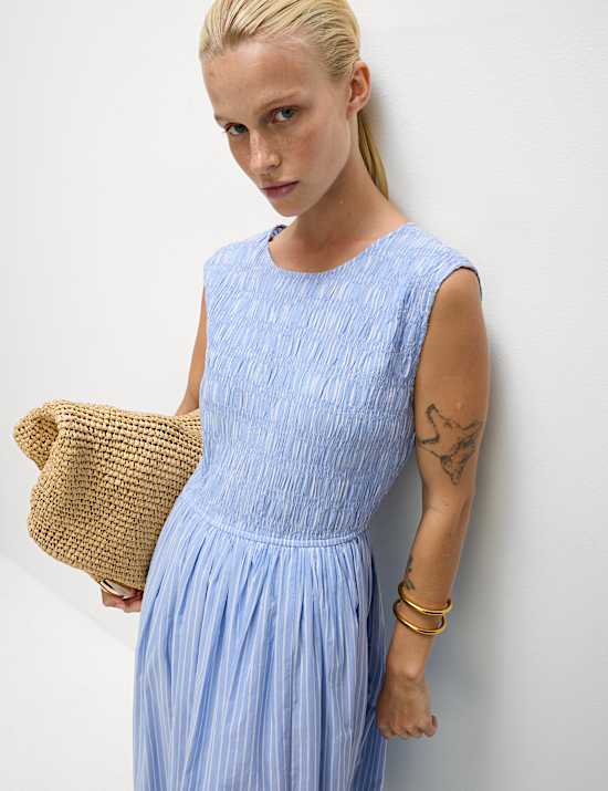 Pure Cotton Striped Midi Waisted Dress