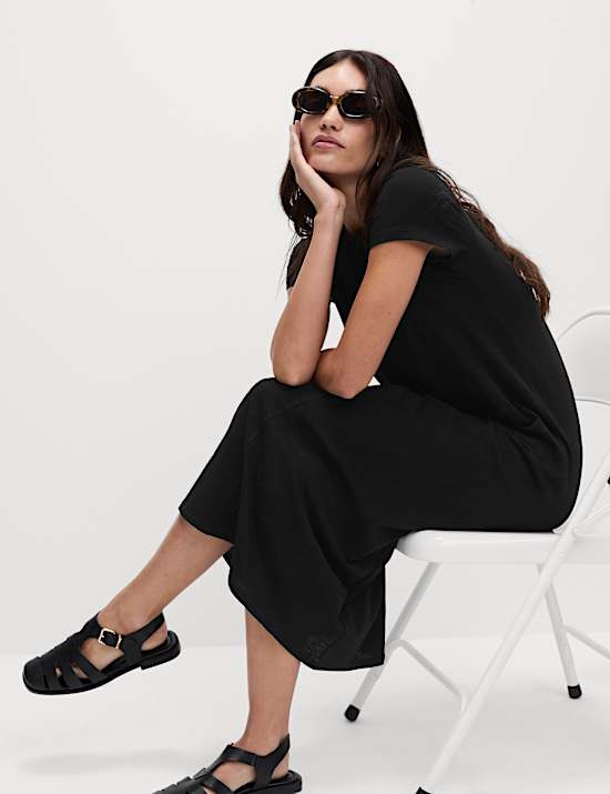 Robe midi style t-shirt 100 % coton &agrave; encolure ronde