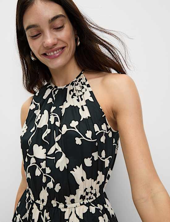 Εμπριμέ μίντι φόρεμα με δέσιμο στον αυχένα από 100% βαμβάκι