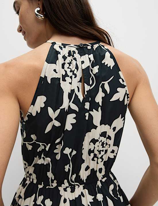 Εμπριμέ μίντι φόρεμα με δέσιμο στον αυχένα από 100% βαμβάκι