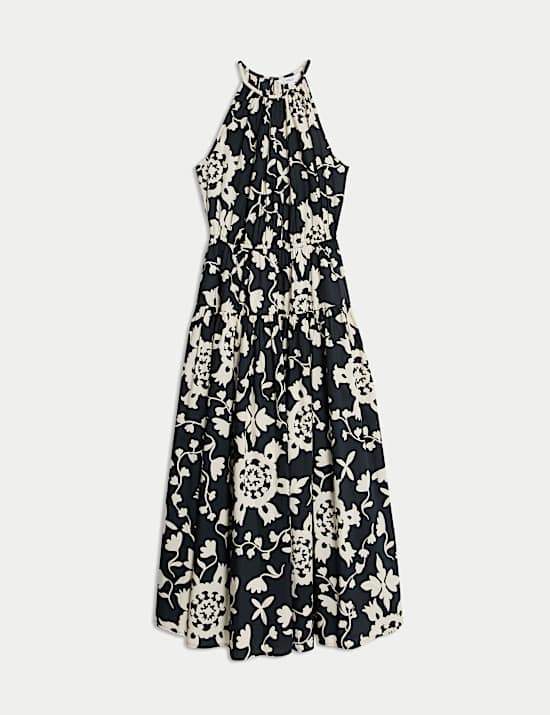 Εμπριμέ μίντι φόρεμα με δέσιμο στον αυχένα από 100% βαμβάκι