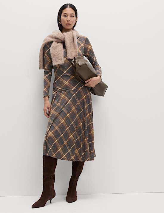 Lyocell Blend Checked Dropped Waist Midi Dress