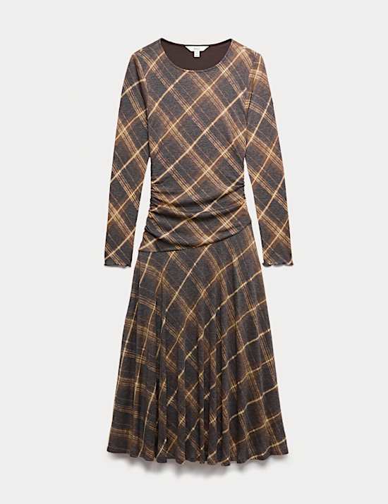 Lyocell Blend Checked Dropped Waist Midi Dress