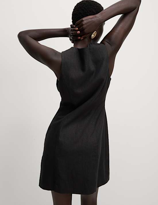 Linen Blend Button Through Mini Shift Dress