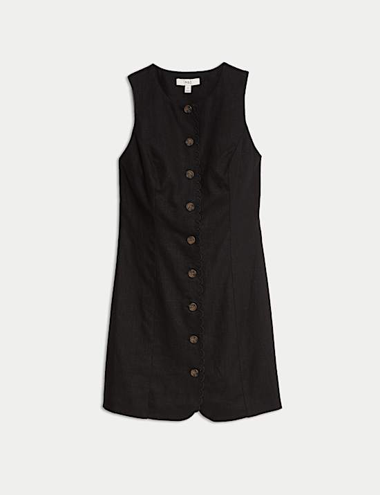 Linen Blend Button Through Mini Shift Dress