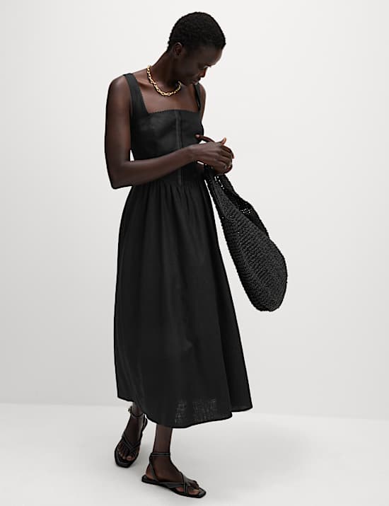 Linen Blend Square Neck Midi Skater Dress