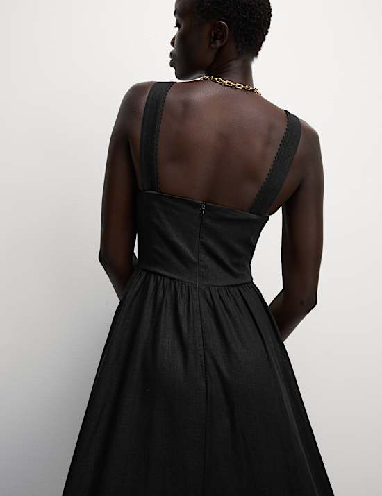 Linen Blend Square Neck Midi Skater Dress