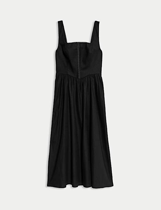 Linen Blend Square Neck Midi Skater Dress