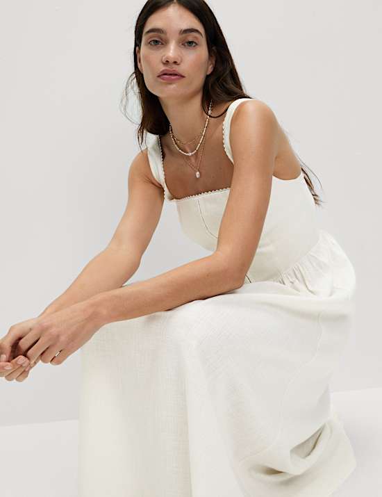 Linen Blend Square Neck Midi Skater Dress