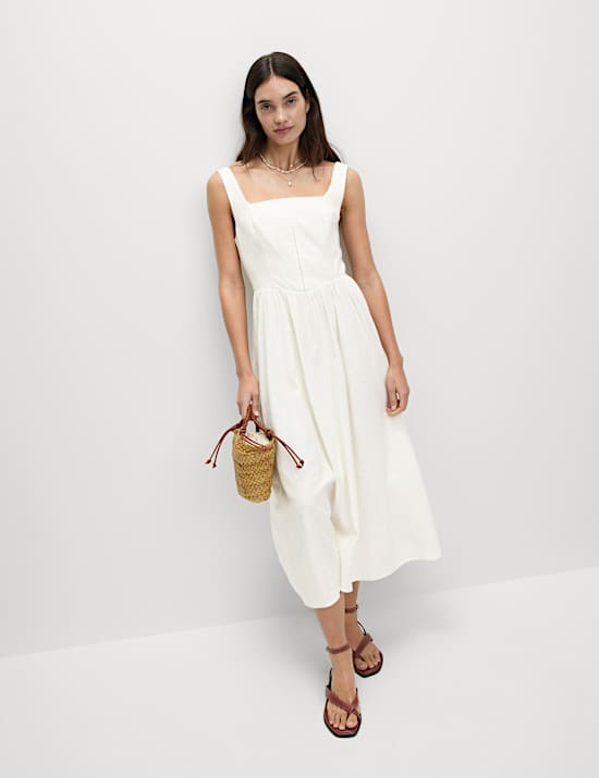 Linen Blend Square Neck Midi Skater Dress