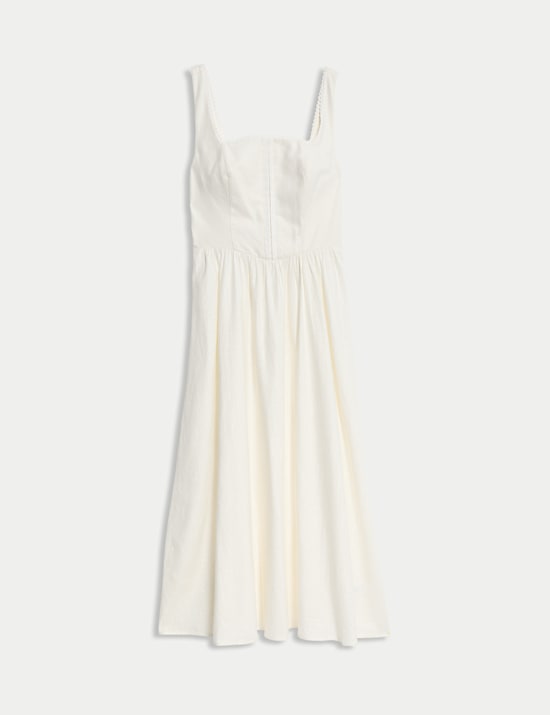 Linen Blend Square Neck Midi Skater Dress