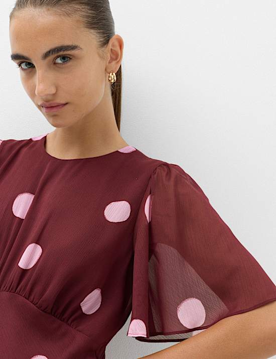 Chiffon Spot Print Midi Waisted Dress
