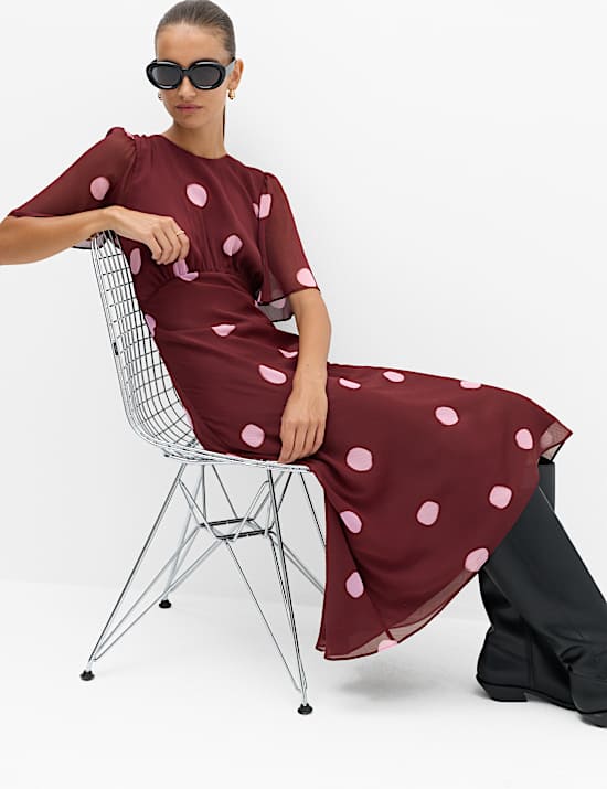 Chiffon Spot Print Midi Waisted Dress