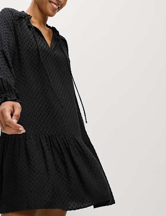 Tie Neck Ruffle Mini Relaxed Dress
