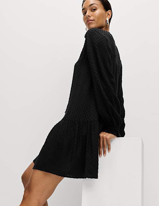 Tie Neck Ruffle Mini Relaxed Dress