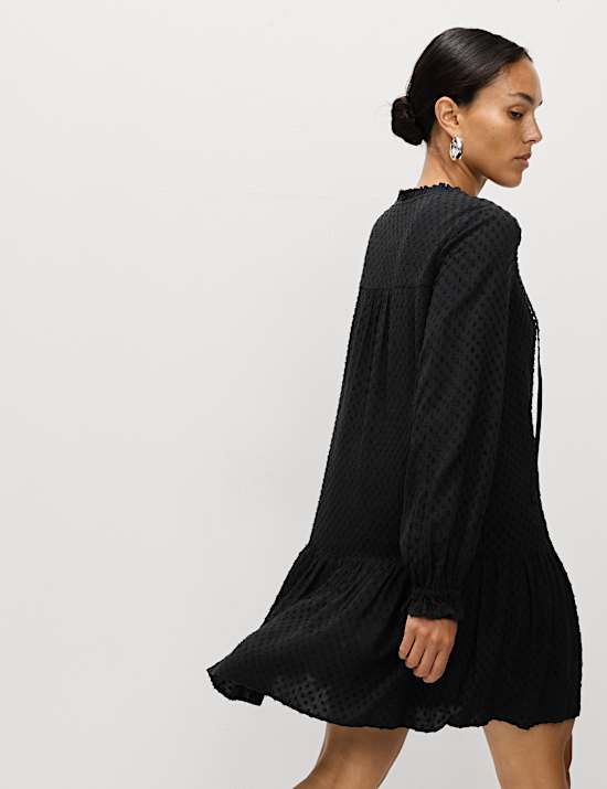 Tie Neck Ruffle Mini Relaxed Dress