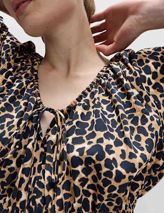 Animal Print V-Neck Ruched Midi Waisted Dress