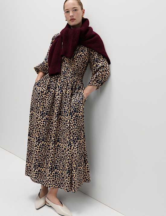 Animal Print V-Neck Ruched Midi Waisted Dress