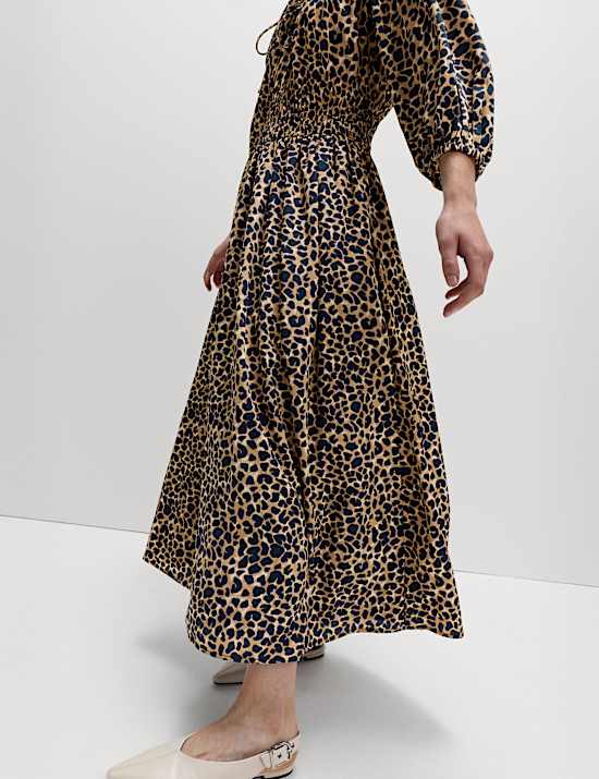 Animal Print V-Neck Ruched Midi Waisted Dress