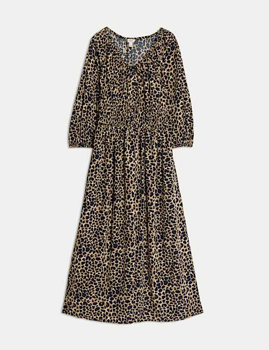 Animal Print V-Neck Ruched Midi Waisted Dress