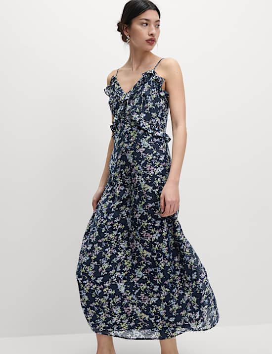 Lyocell Rich Printed Ruffle Midi Cami Dress