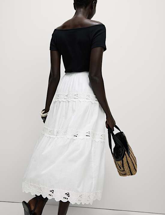 Pure Cotton Broderie Midi Tiered Skirt