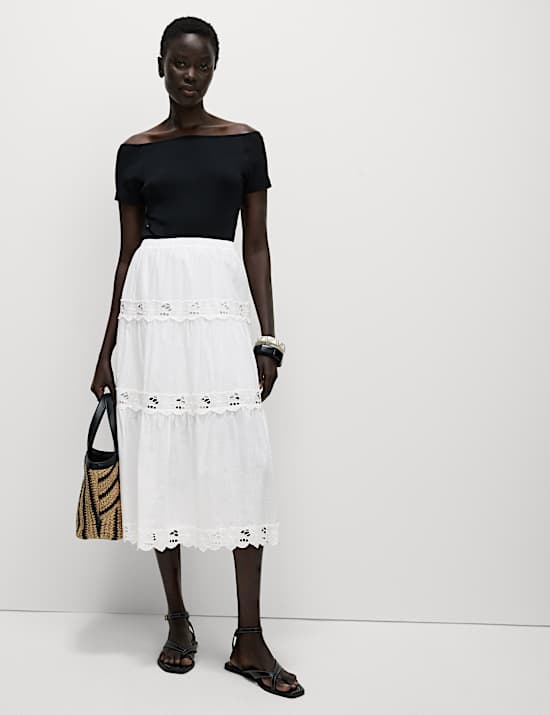 Pure Cotton Broderie Midi Tiered Skirt