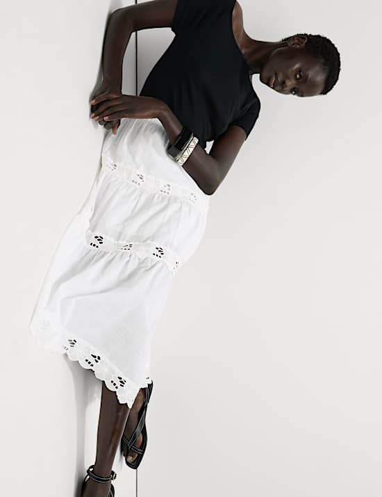 Pure Cotton Broderie Midi Tiered Skirt