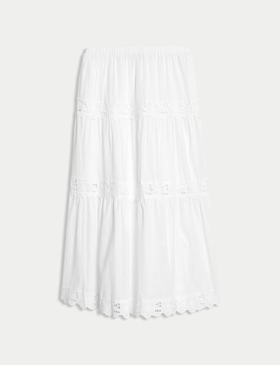 Pure Cotton Broderie Midi Tiered Skirt