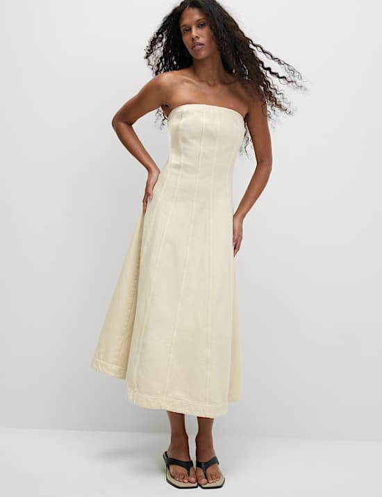 Denim Bandeau Midi Skater Dress