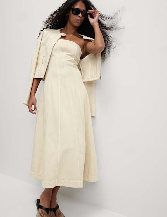 Denim Bandeau Midi Skater Dress