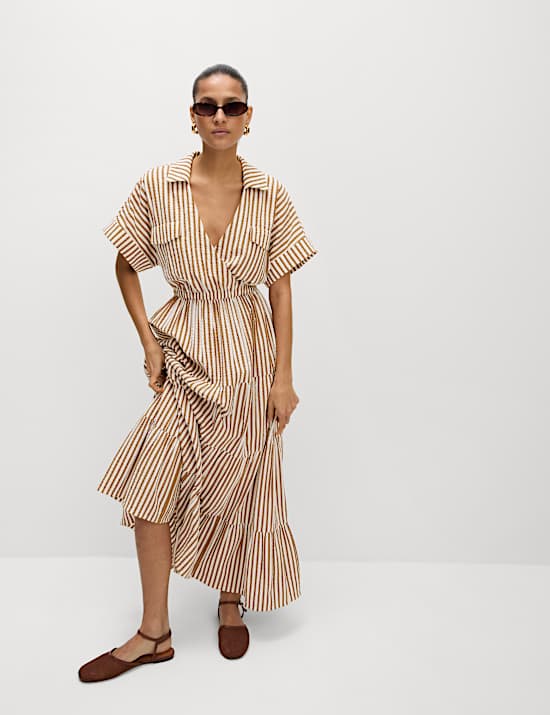 Pure Cotton Printed V-Neck Midaxi Shirt Dress