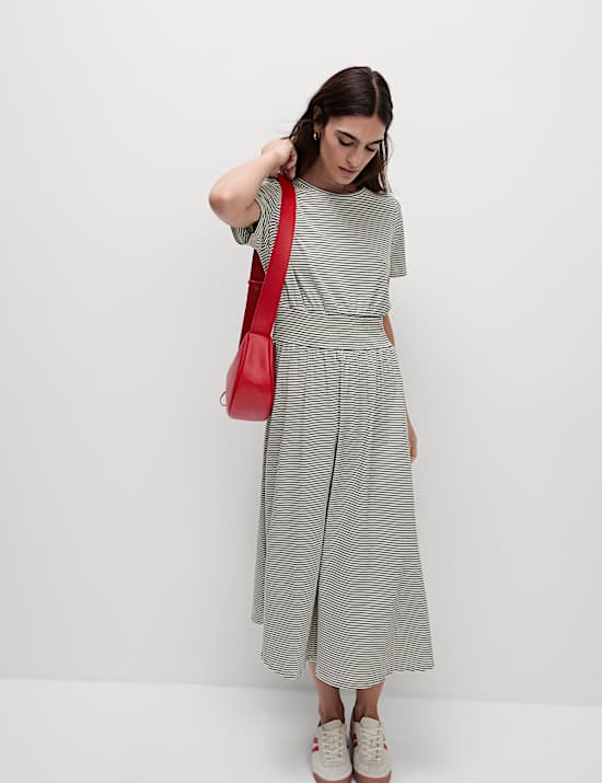 Pure Cotton Striped Midi Shirred Dress