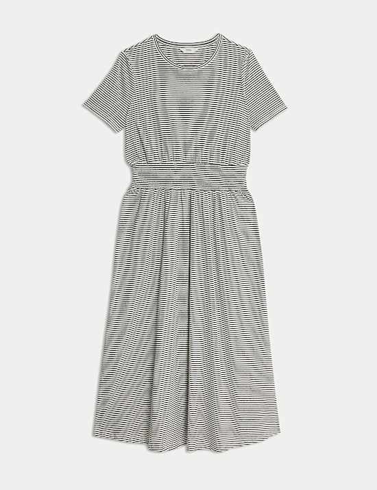 Pure Cotton Striped Midi Shirred Dress