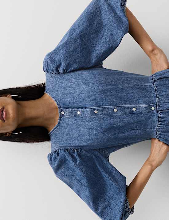 Pure Cotton Denim Midi Waisted Dress