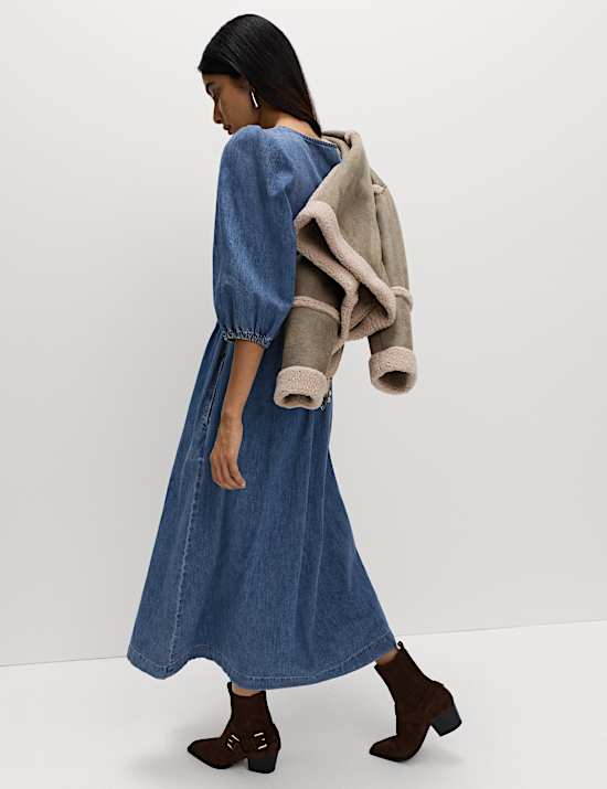 Pure Cotton Denim Midi Waisted Dress