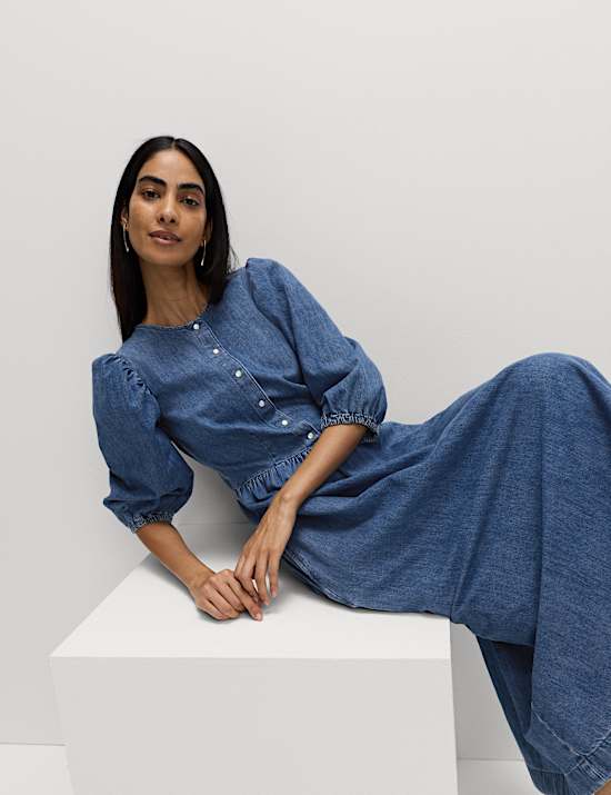 Pure Cotton Denim Midi Waisted Dress