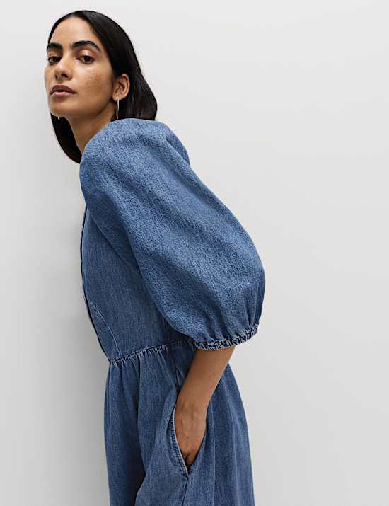 Pure Cotton Denim Midi Waisted Dress