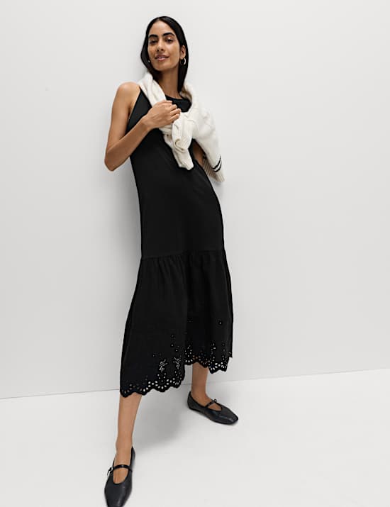 Pure Cotton Cutwork Midi Drop Waist Dress