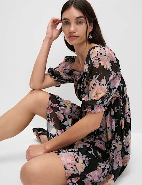 Printed Floral Square Neck Mini Waisted Dress