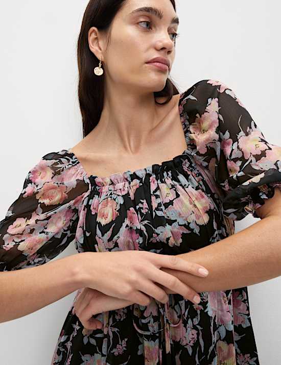 Printed Floral Square Neck Mini Waisted Dress