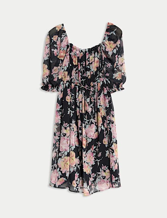 Printed Floral Square Neck Mini Waisted Dress