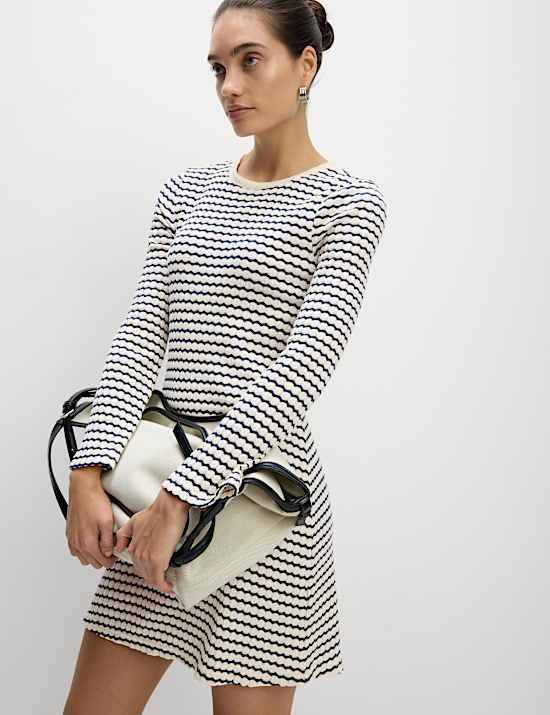 Cotton Blend Striped Mini Skater Dress