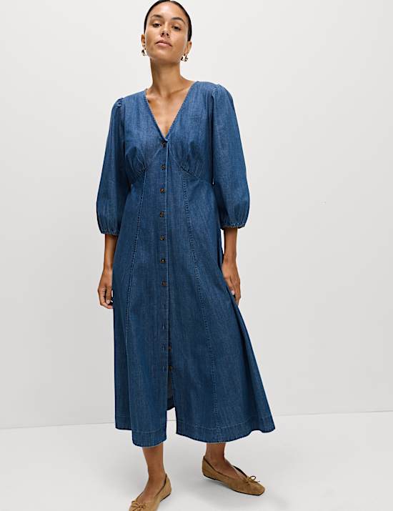 Denim V-Neck Tie Waist Midi Tea Dress